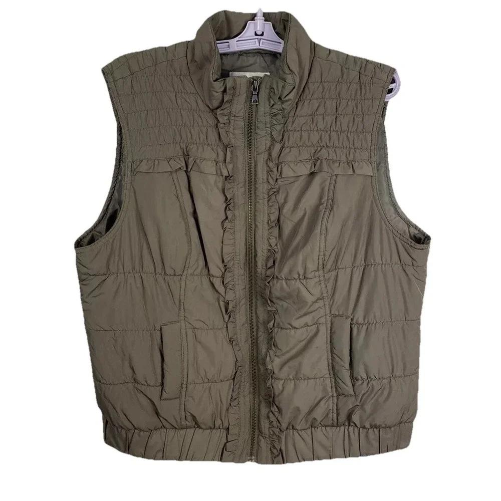 Christopher & Banks Vest Women's XL Olive Green Full Zip Ruffle Zip Up‎ Pockets